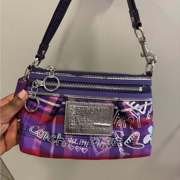 Coach Handbags - Coach Purple Plaid Graphic Zip Wristlet